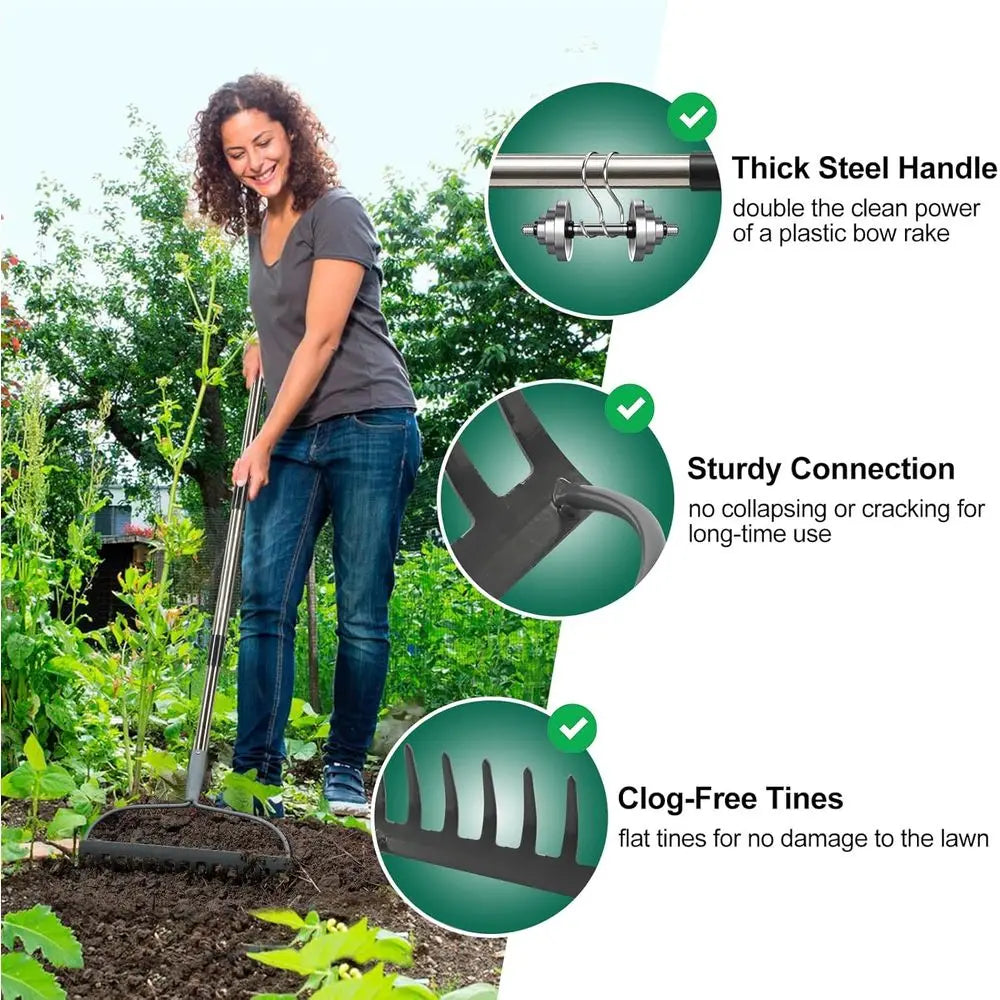 Long-Handled Garden Rake With 14 Metal Tines For Leaf Collection