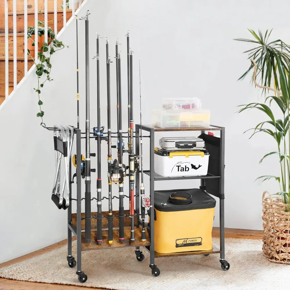 Rolling Fishing Rod Rack for Garage and Boat Cart Organization