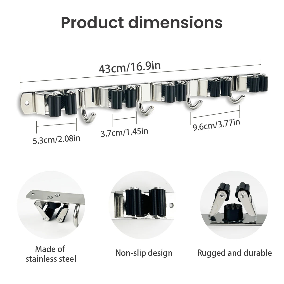 Stainless Steel Four Hook Broom Mop Organizer Wall Mounted Rack