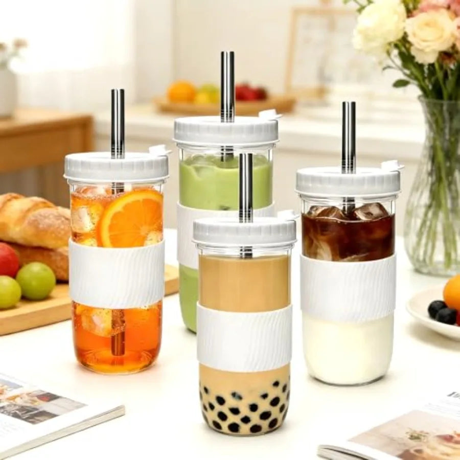 Glass Mason Jar Cups With PremiumLids And Straws 6 Pack