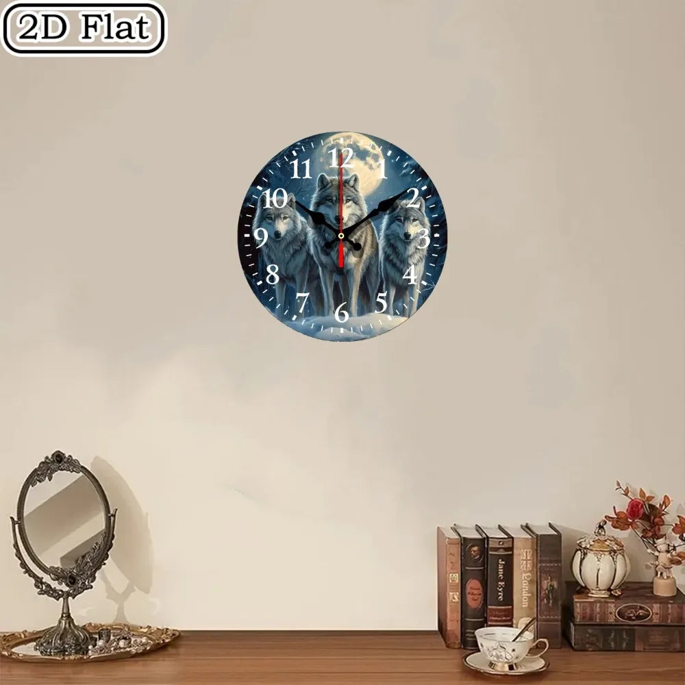 Wooden Wall Clock With Three Wolves Under Full Moon Pattern