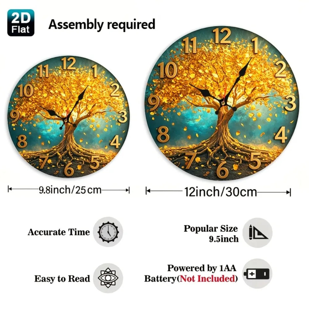 Tree Wall Clock With Golden Autumn Leaves For Rustic Nursery