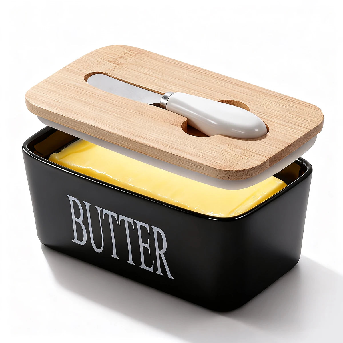Ceramic Butter Dish With Bamboo Lid And Built In Knife