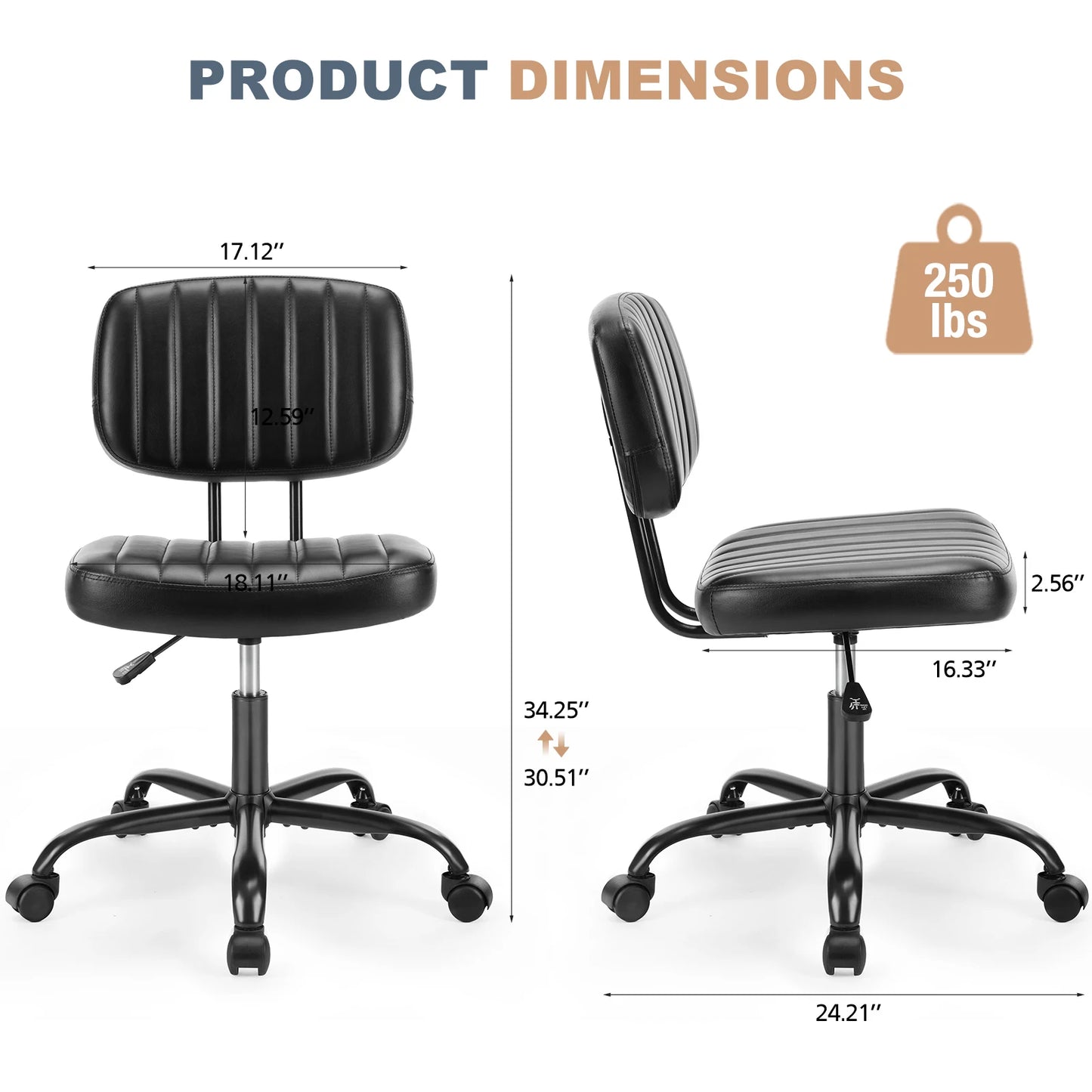 JHK Armless Office Chair With Lumbar Support Height Adjustable