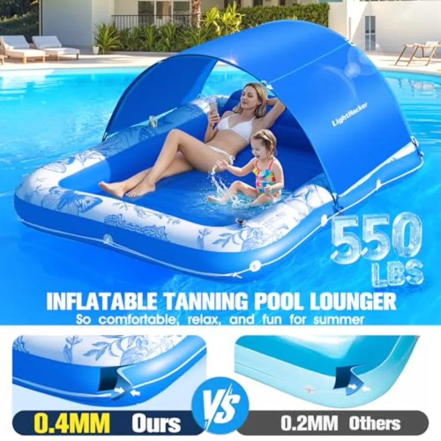 Inflatable Pool Lounger With Canopy for Adults Sunbathing