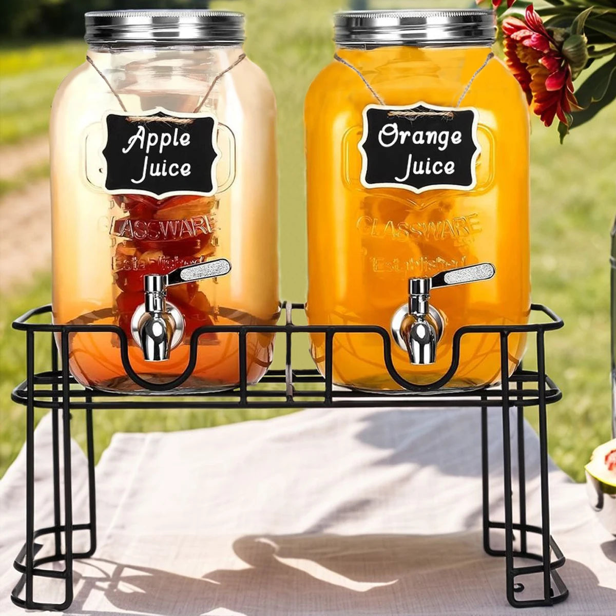 Glass Drink Dispenser Set With Stand And Stainless Faucet