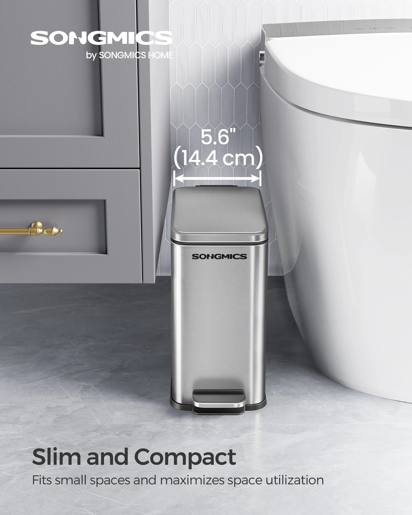 SONGMICS Slim Stainless Steel Bathroom Trash Can With Lid