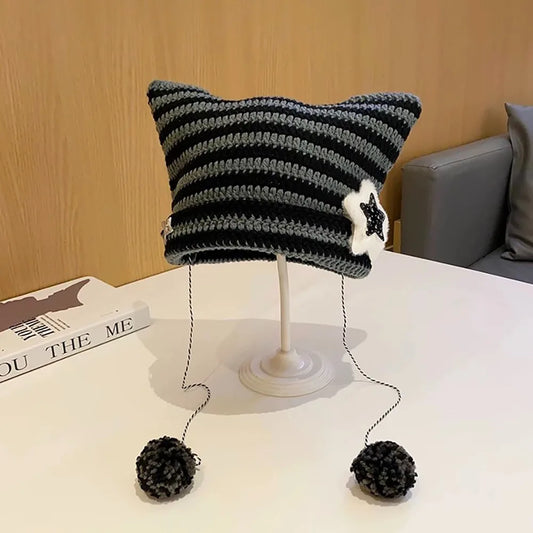 Beanie Hat Ear Striped Knitted Wool Cap Autumn Winter Hip-hop Crochet Cute Cat Ears Pointed Pullover Women's Hats