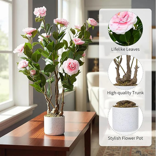 HiMISS Artificial Camellia Tree Lifelike Faux Blooming Plants