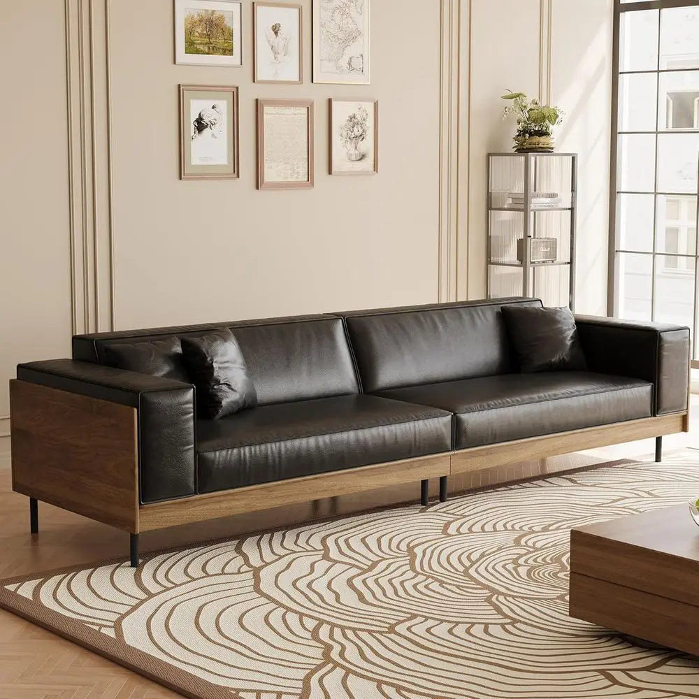 Mid Century Modern Leather Sofa Solid Wood Frame Four Seat