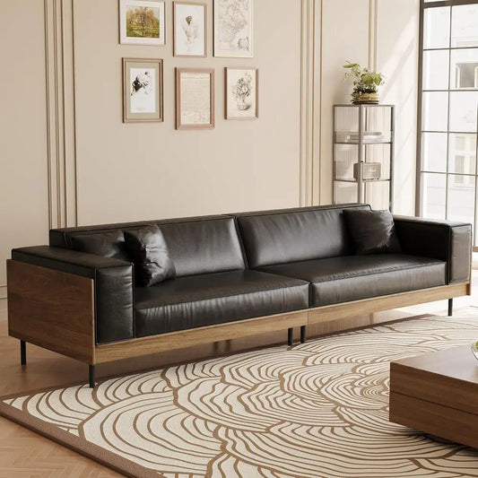 Mid Century Modern Leather Sofa Solid Wood Frame Four Seat