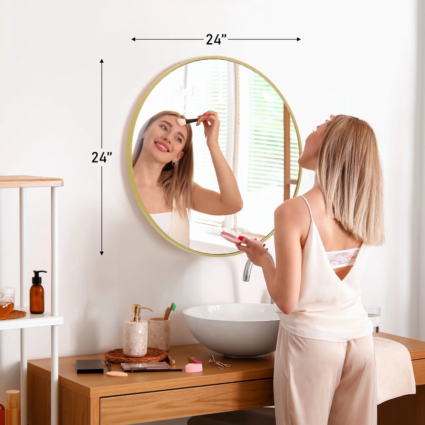 JHK Matte Metal Framed Round Vanity Mirror Wall Mount