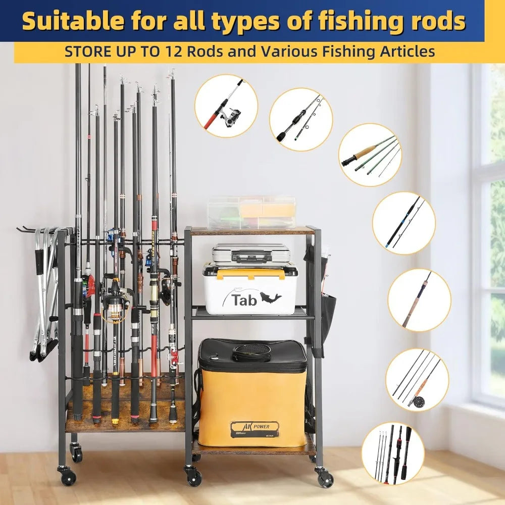 Rolling Fishing Rod Rack for Garage and Boat Cart Organization