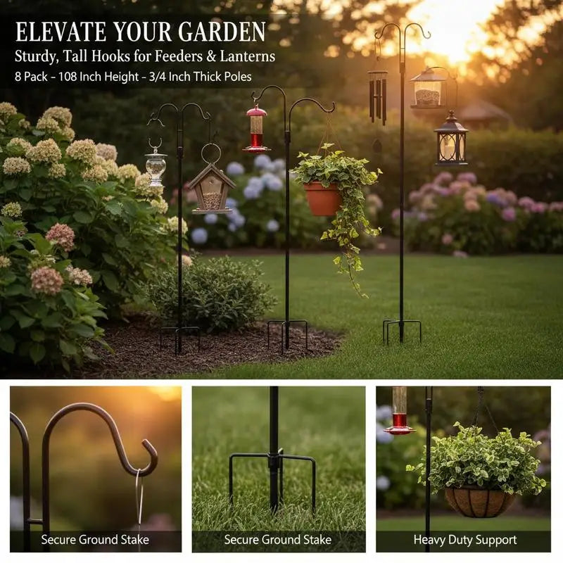 Double Shepherds Hooks for Outdoor, 8 Pack 108 Inch Heavy Duty Bird Feeder Pole, 3/4 Inch Thick Garden Hooks for Hanging Hummingbird Feeder, Plant Baskets, Solar Light Lanterns,Wind Chimes