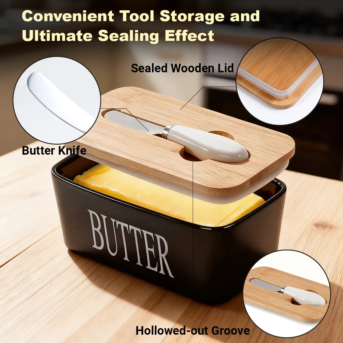 Ceramic Butter Dish With Bamboo Lid And Built In Knife
