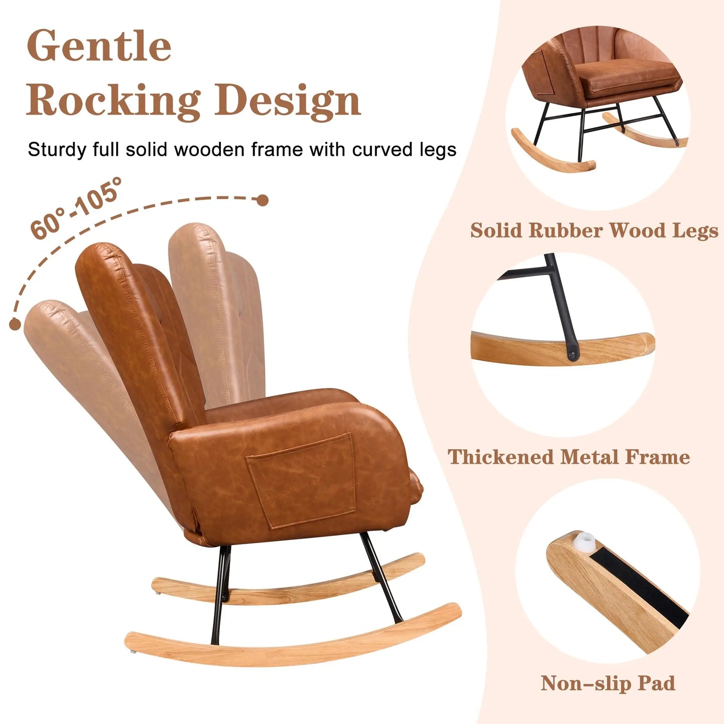PU Leather Rocking Chair With High Backrest And Padded Seat