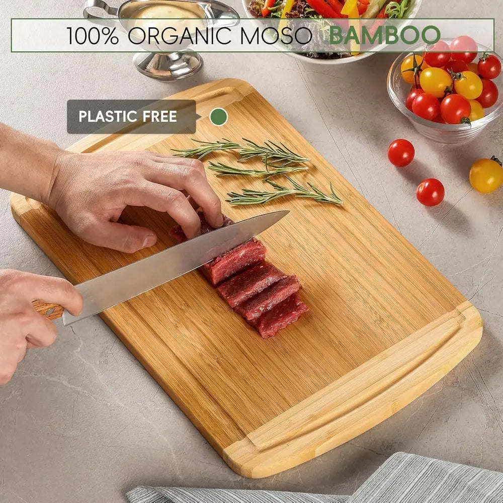 Organic Bamboo Cutting Board Set With Juice Groove And Handles