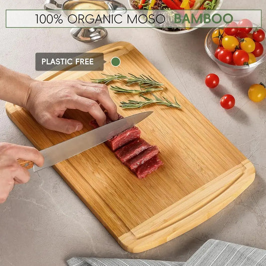 Organic Bamboo Cutting Board Set With Juice Groove And Handles