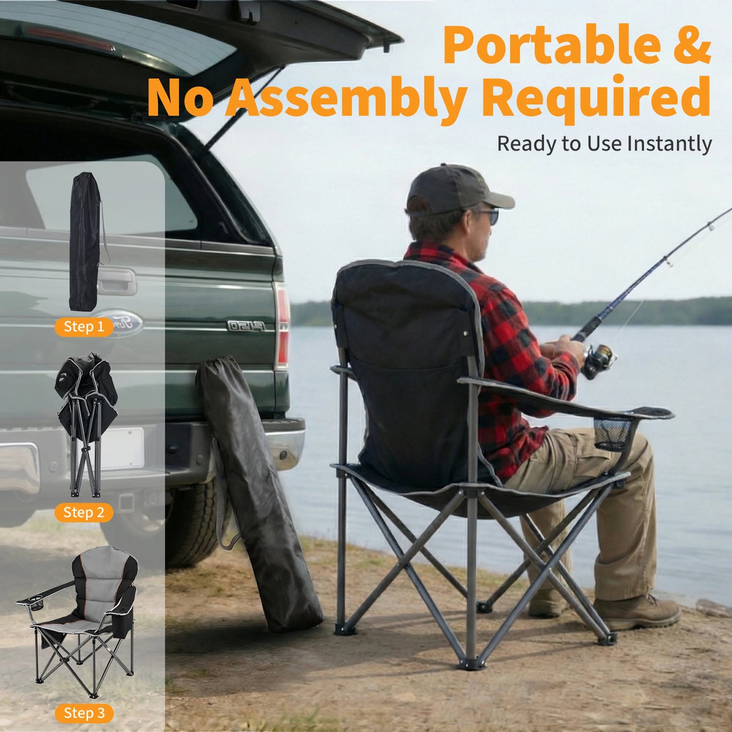 Outdoor Folding Camping Chair With Cup Holder And Cooler Bag