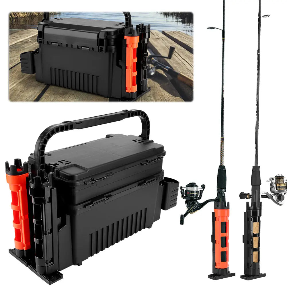 2 Tier Fishing Tackle Box With Cup Holder And Rod Holder