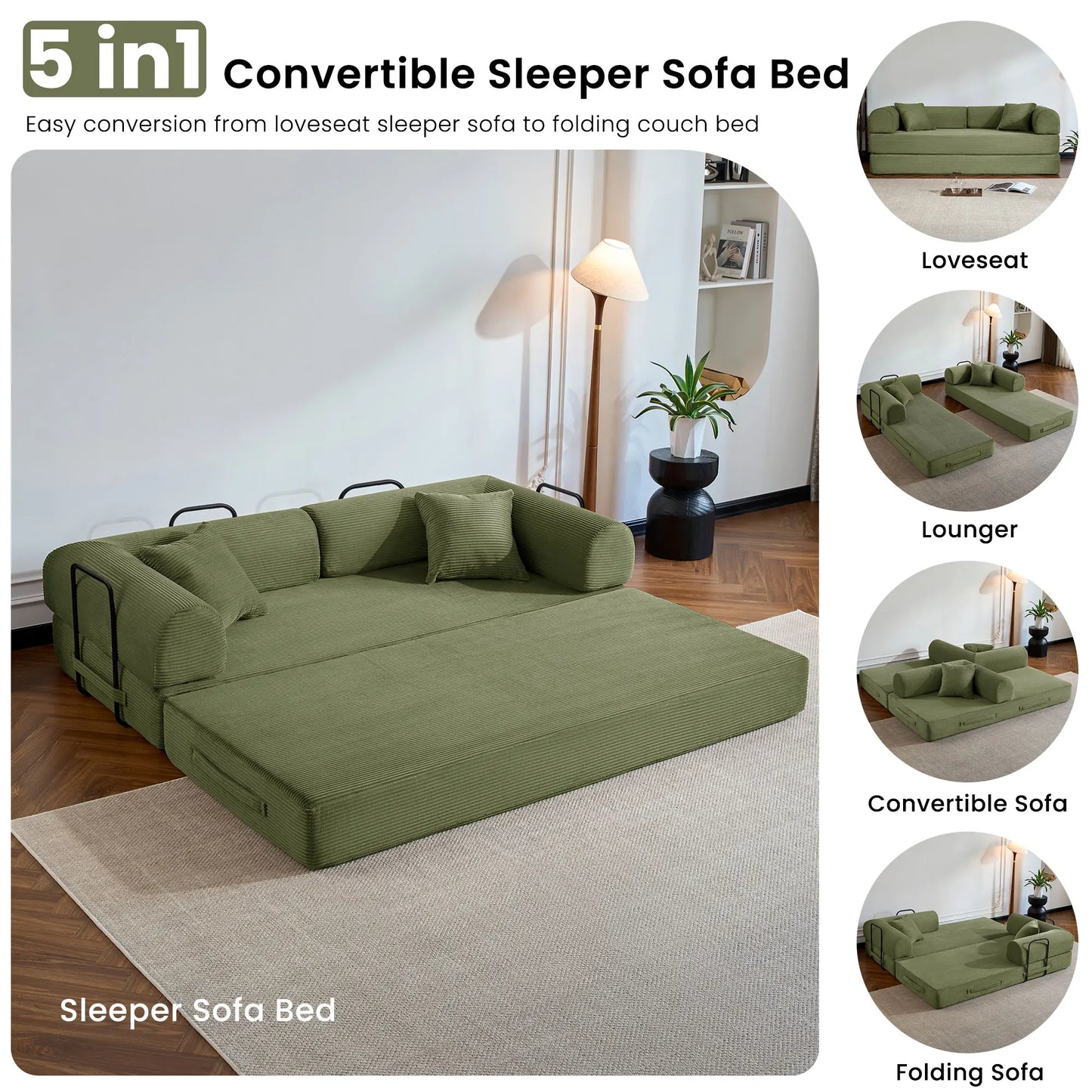 Corduroy Upholstered Folding Convertible Sofa Bed for Living Room