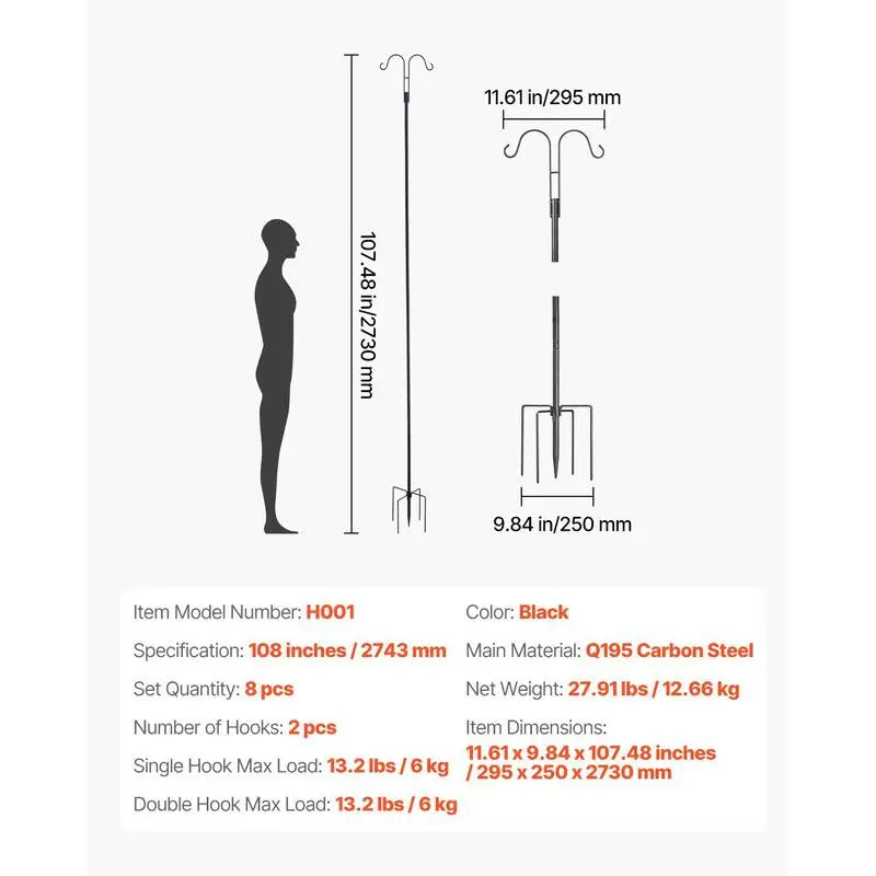 Double Shepherds Hooks for Outdoor, 8 Pack 108 Inch Heavy Duty Bird Feeder Pole, 3/4 Inch Thick Garden Hooks for Hanging Hummingbird Feeder, Plant Baskets, Solar Light Lanterns,Wind Chimes