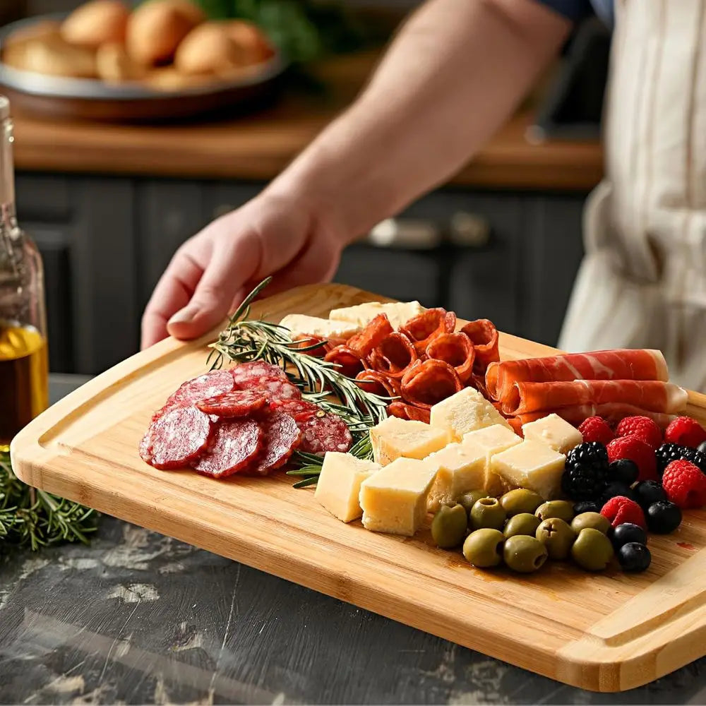 Organic Bamboo Cutting Board Set With Juice Groove And Handles