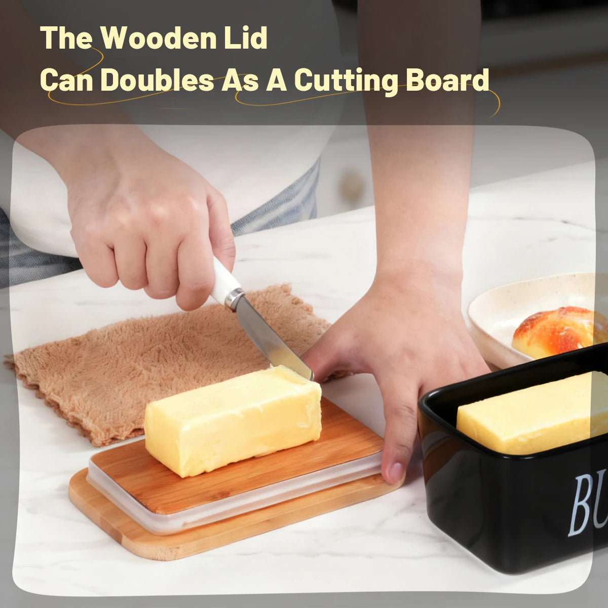 Ceramic Butter Dish With Bamboo Lid And Built In Knife