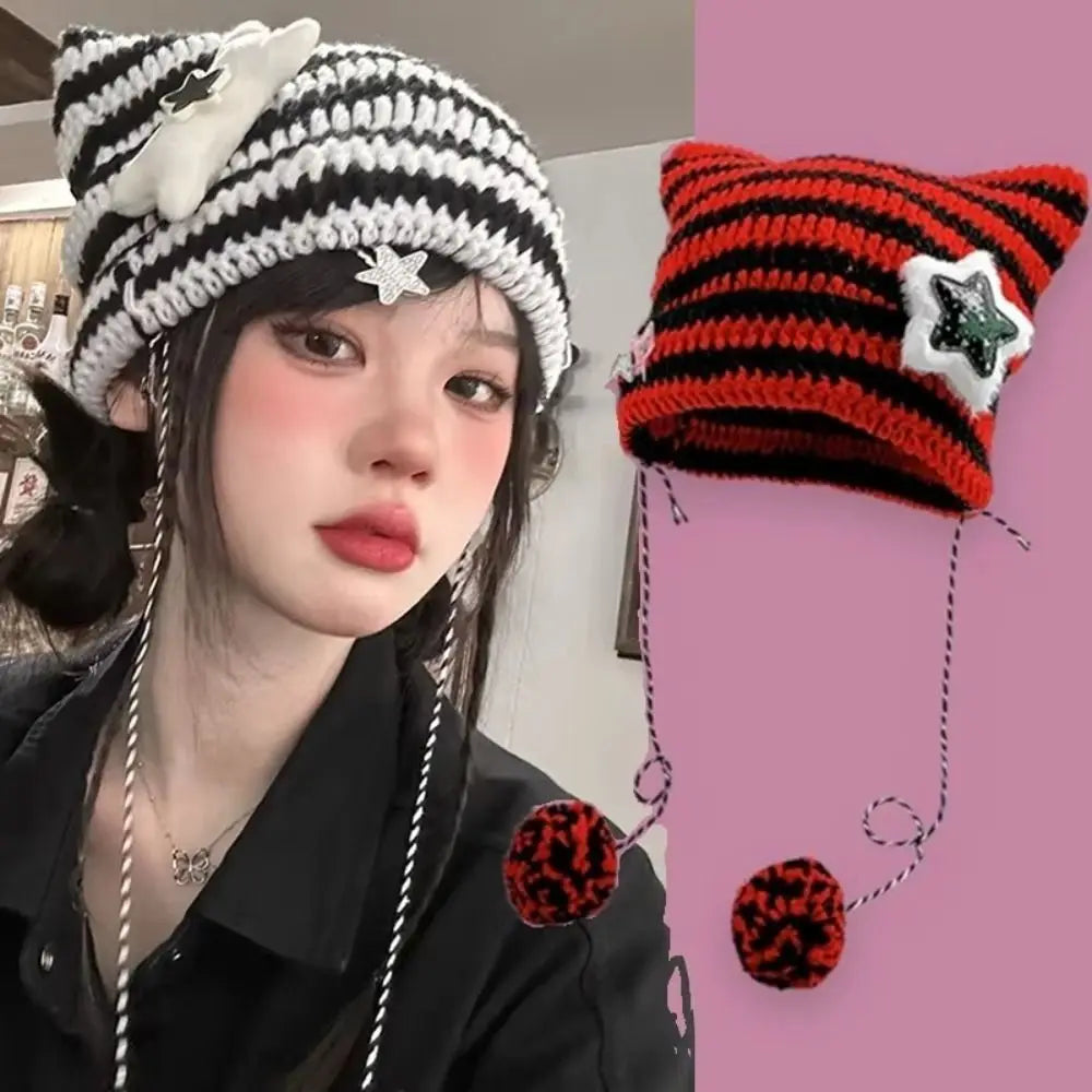 Beanie Hat Ear Striped Knitted Wool Cap Autumn Winter Hip-hop Crochet Cute Cat Ears Pointed Pullover Women's Hats