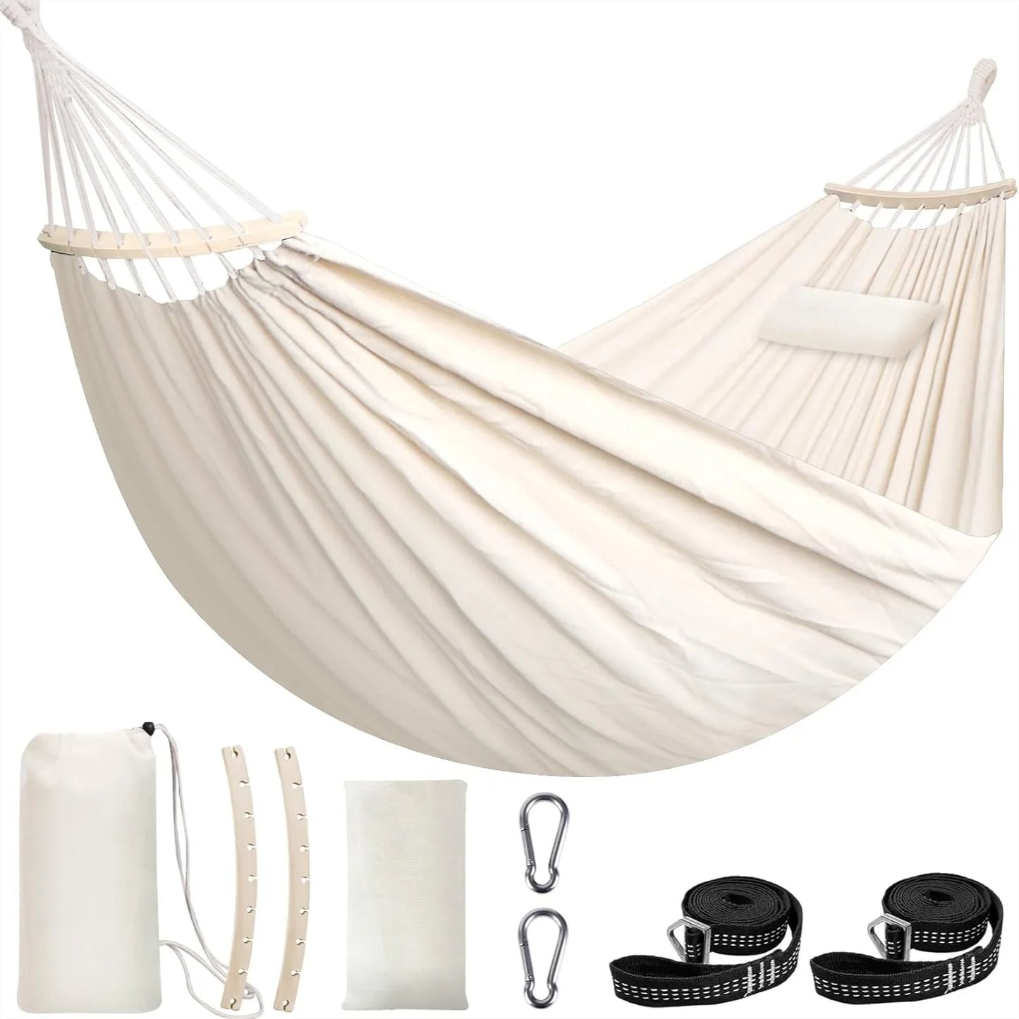 Cotton Hammock With Stand Spreader Bar Includes Straps Carabiners Pillow