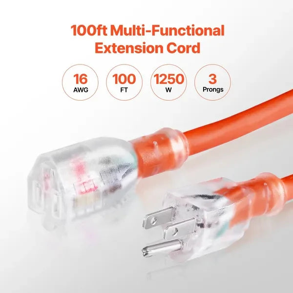 Heavy Duty Extension Cord 16AWG 10A Grounded Lighted End