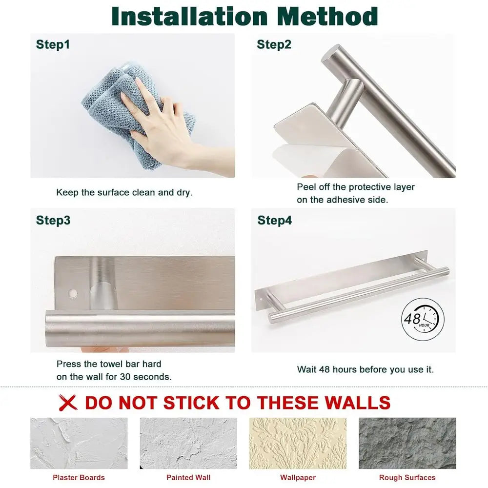 Stainless Steel No-Drill Towel Bar Wall Mount Single