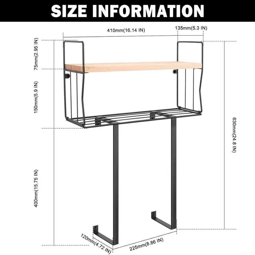 Black Wall-Mounted Metal Towel Rack with Storage Basket and Wooden Shelf for Small Bathrooms