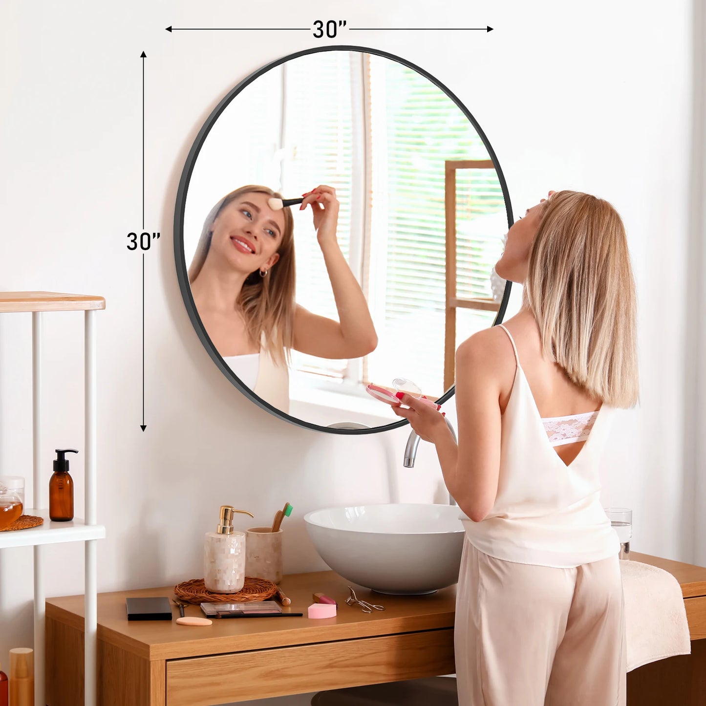 JHK Matte Metal Framed Round Vanity Mirror Wall Mount