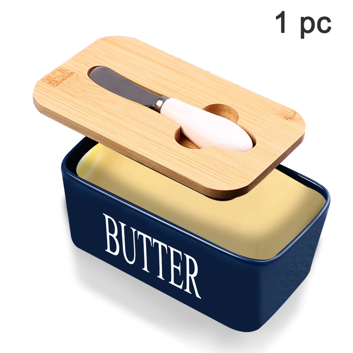 Ceramic Butter Dish With Bamboo Lid And Built In Knife