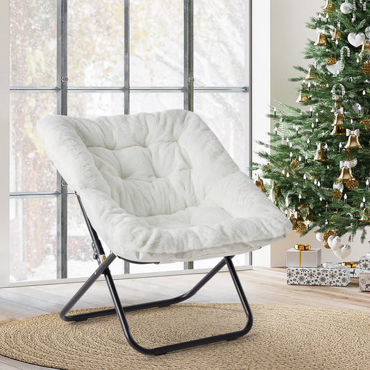 28IN Cozy Saucer Chairs Soft Faux Fur Large Size Folding Lounge Living Room Padded Seat Metal Frame Reading Chair Furniture