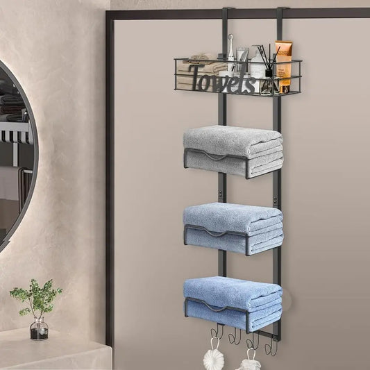 Towel Rack With Basket And Hooks No Drill Bathroom Storage