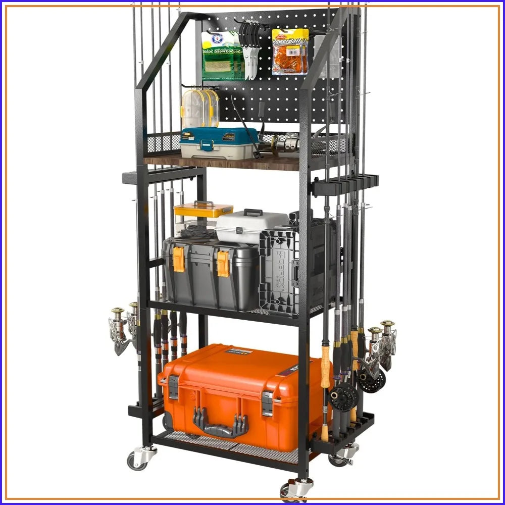 Garage Fishing Rod Holder Cart With Pegboard Holds 12 Rods