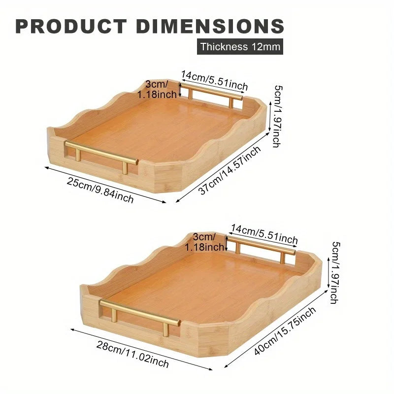 Bamboo Serving Tray Set Of 2 With Handles Wave Edge