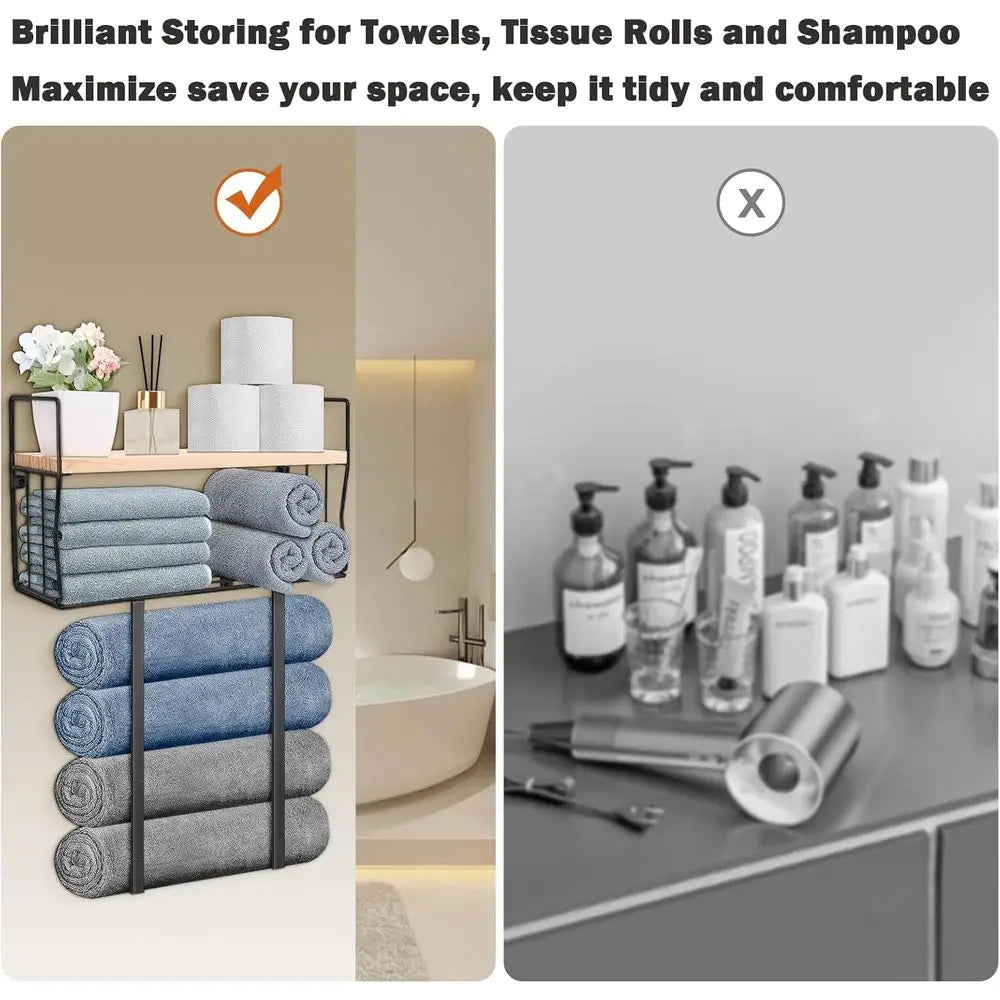 Black Wall-Mounted Metal Towel Rack with Storage Basket and Wooden Shelf for Small Bathrooms