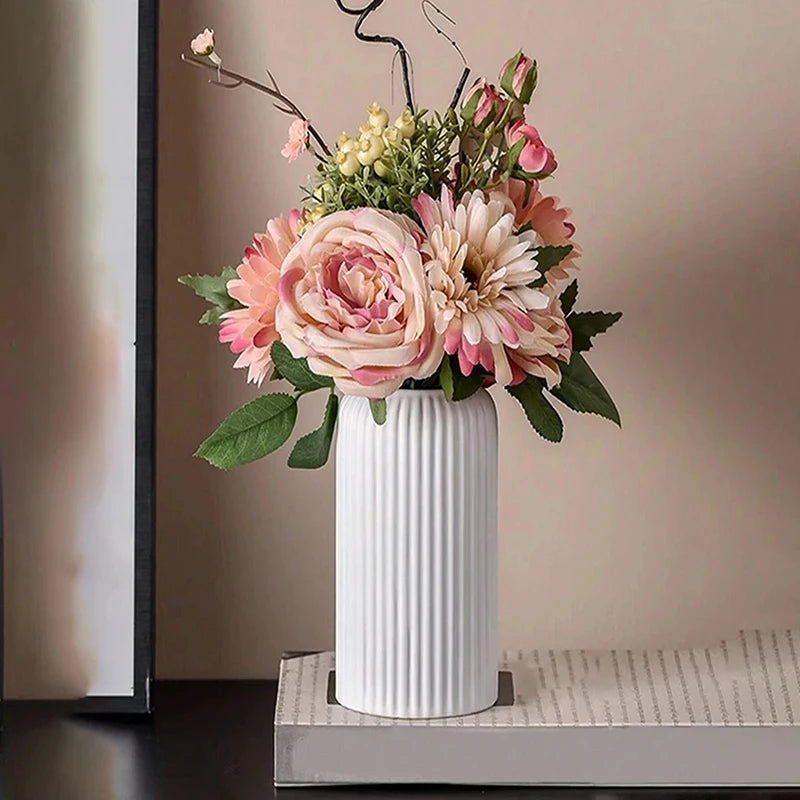 Striped Ceramic Like Plastic Vase For Flowers Floral Display