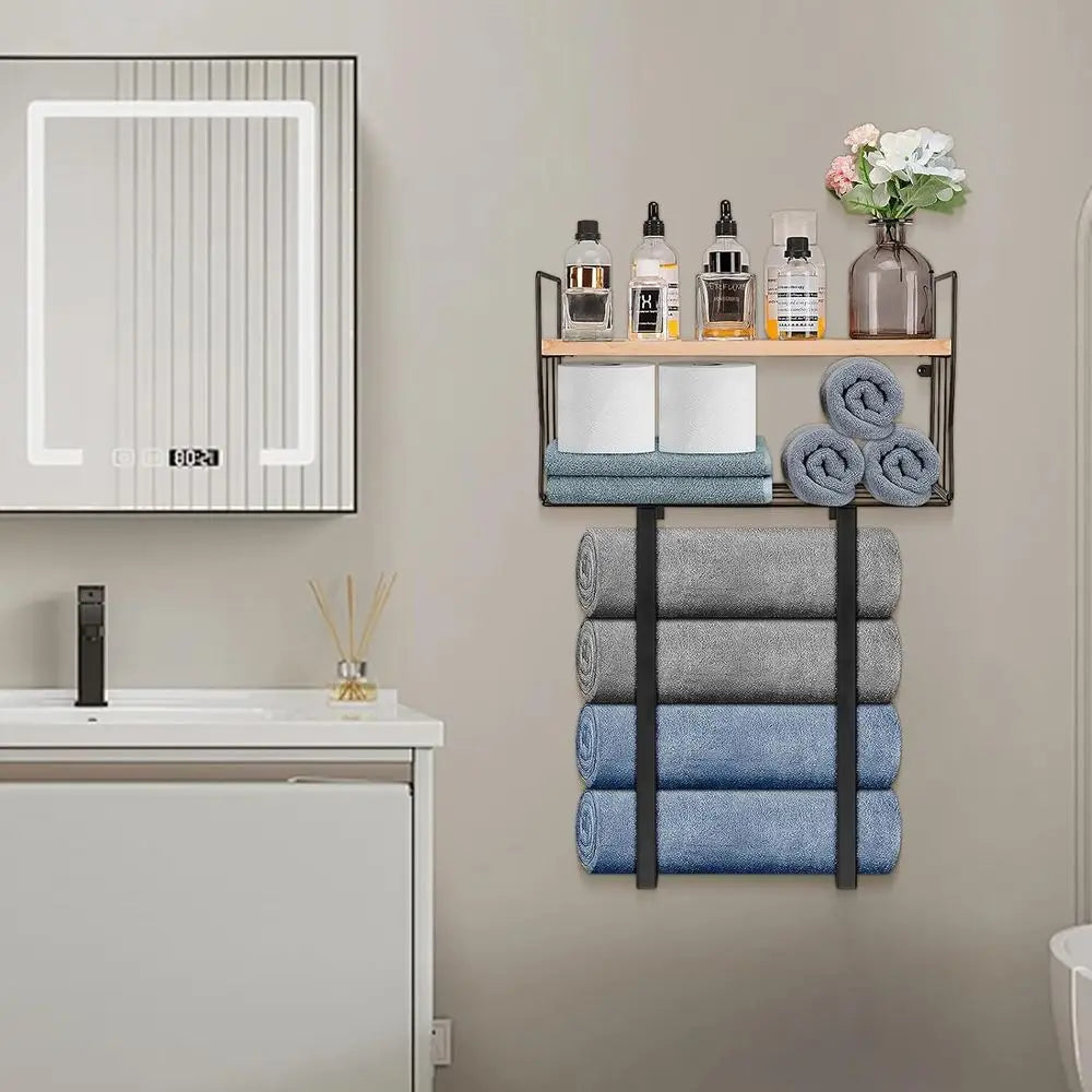 Black Wall-Mounted Metal Towel Rack with Storage Basket and Wooden Shelf for Small Bathrooms