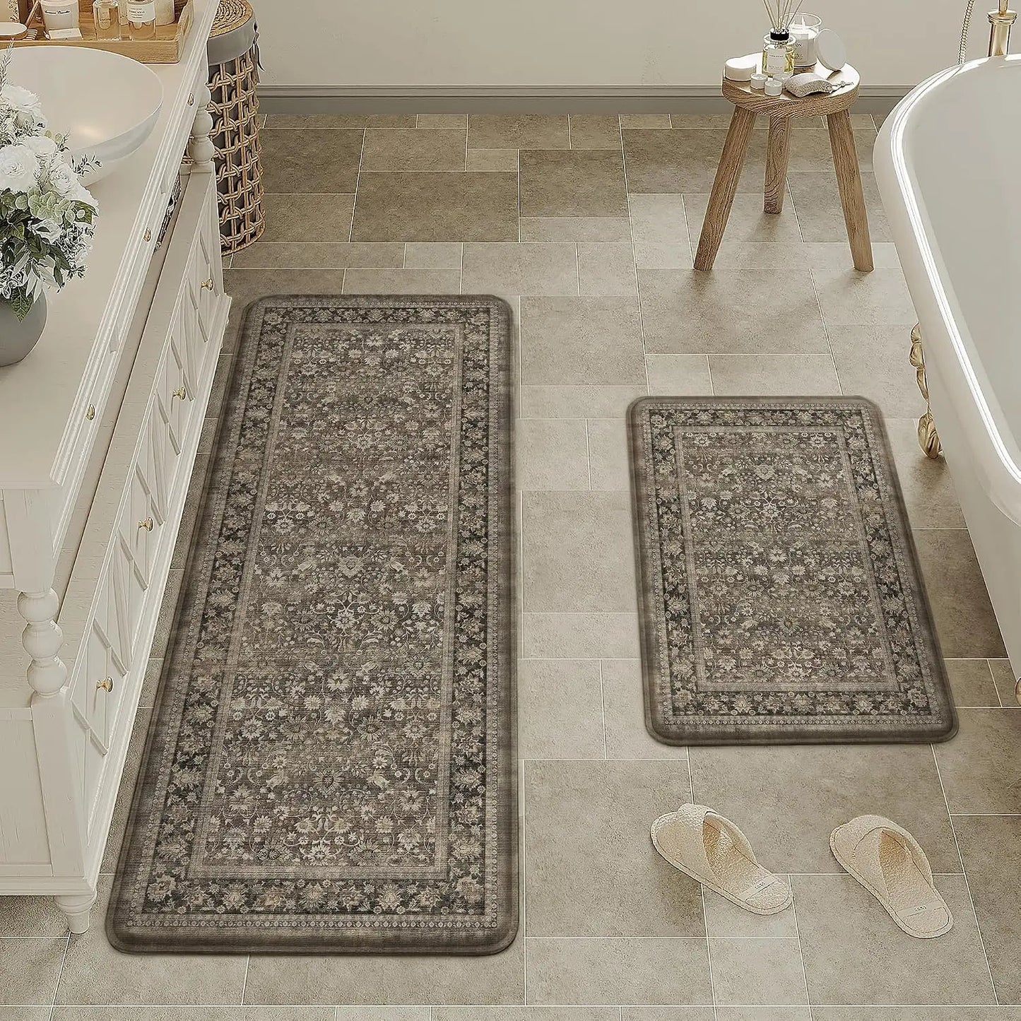 Non Slip Two Piece Kitchen Mats Set Floral Anti Fatigue