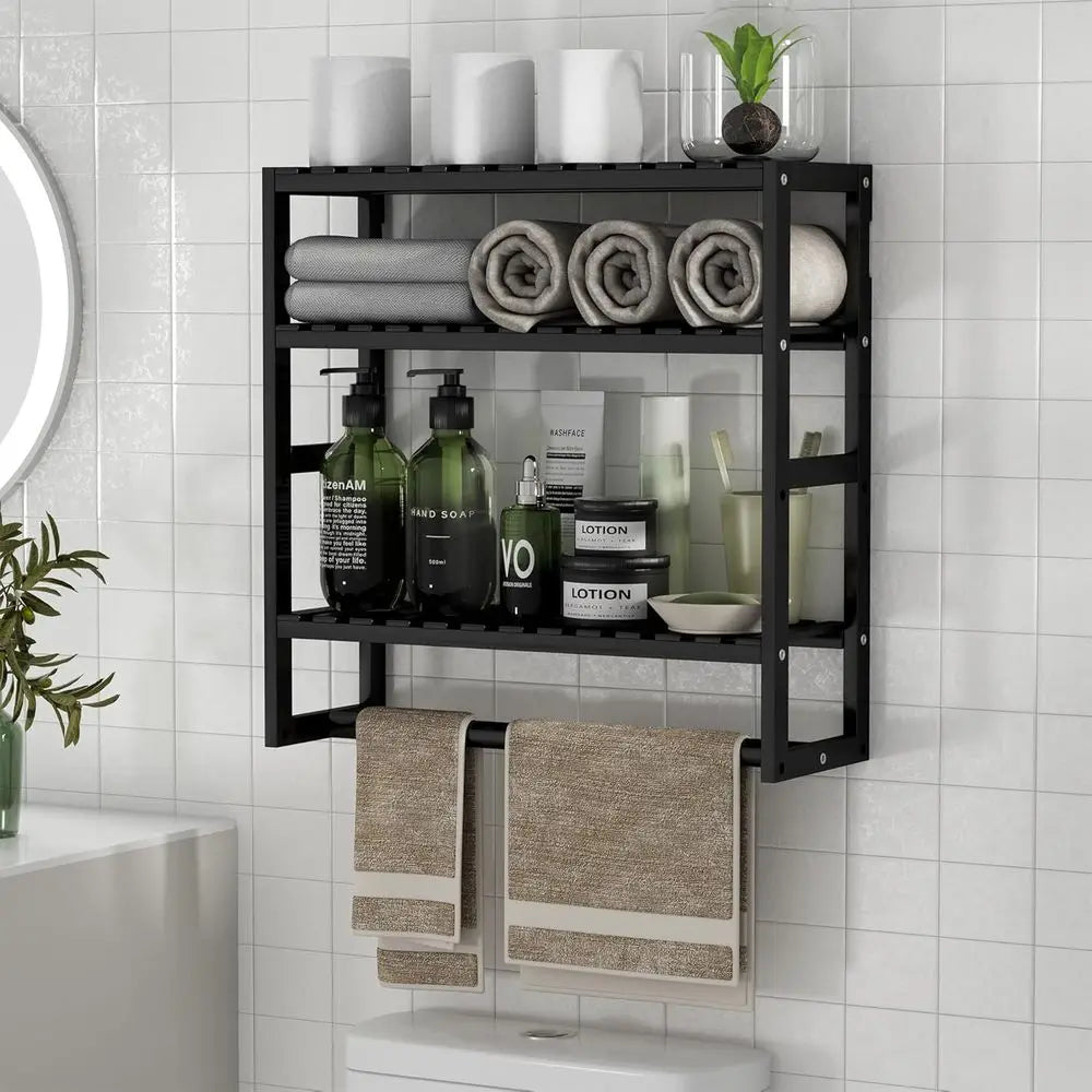Bamboo Over Toilet Storage Shelf With Towel Bar Compact Spaces