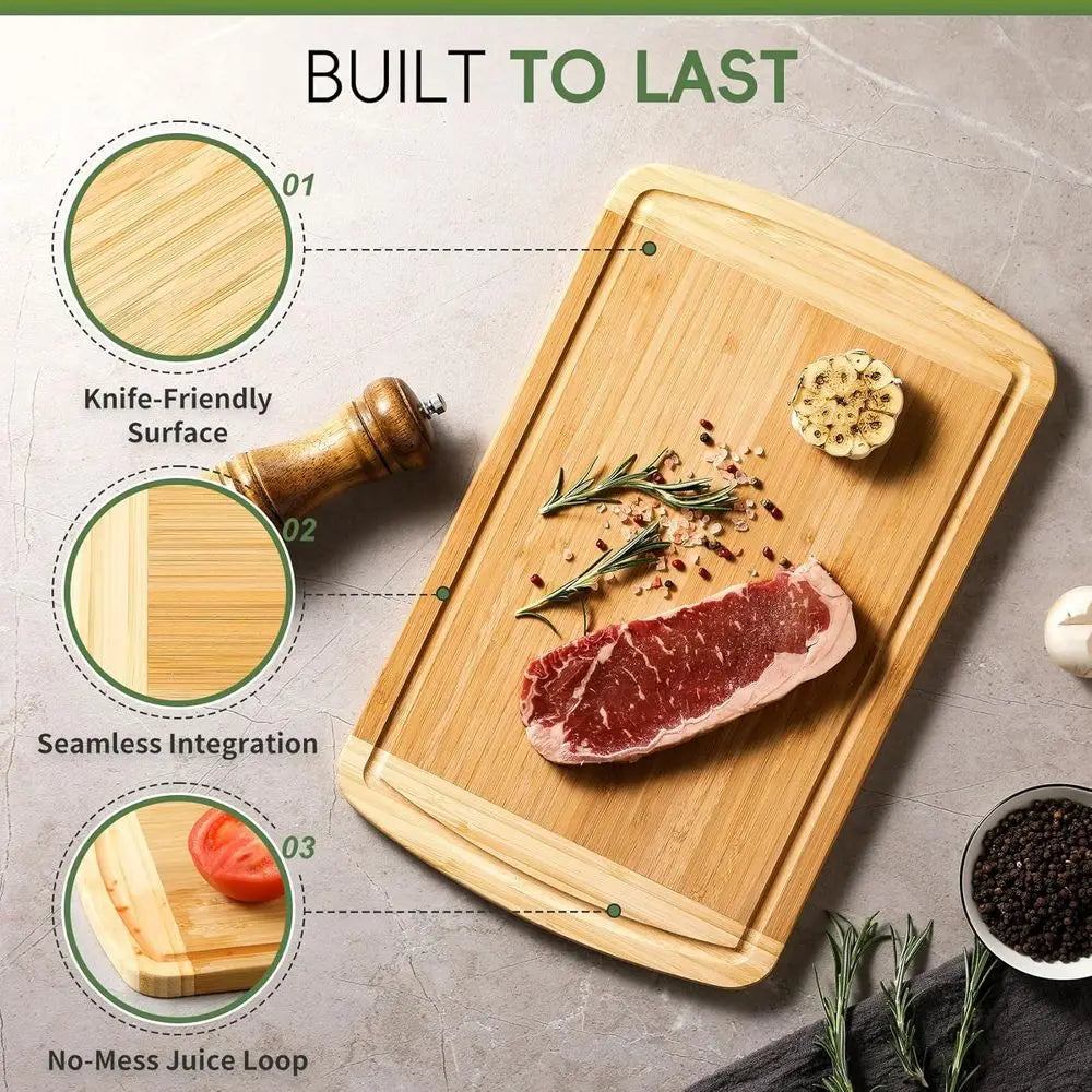 Organic Bamboo Cutting Board Set With Juice Groove And Handles