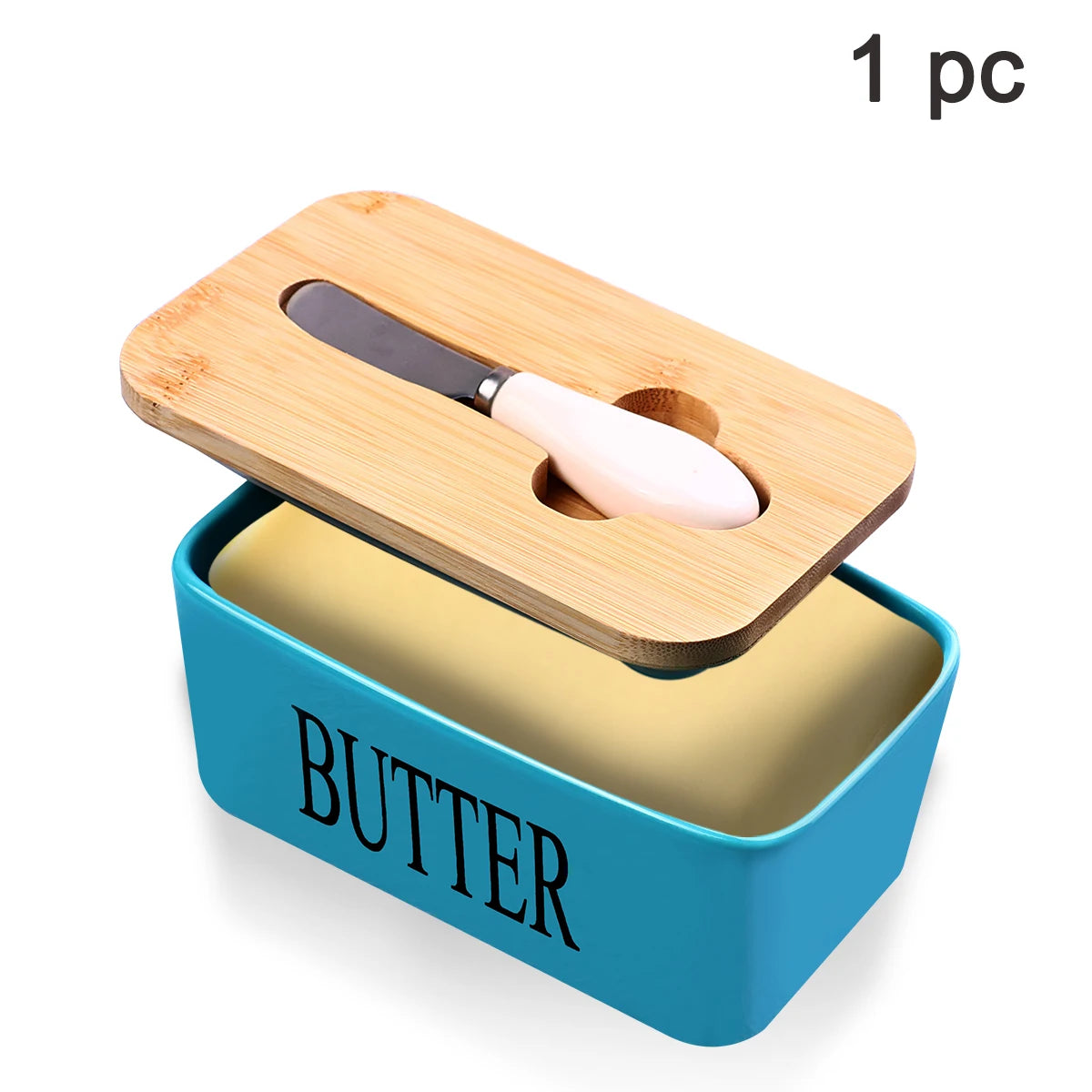 Ceramic Butter Dish With Bamboo Lid And Built In Knife