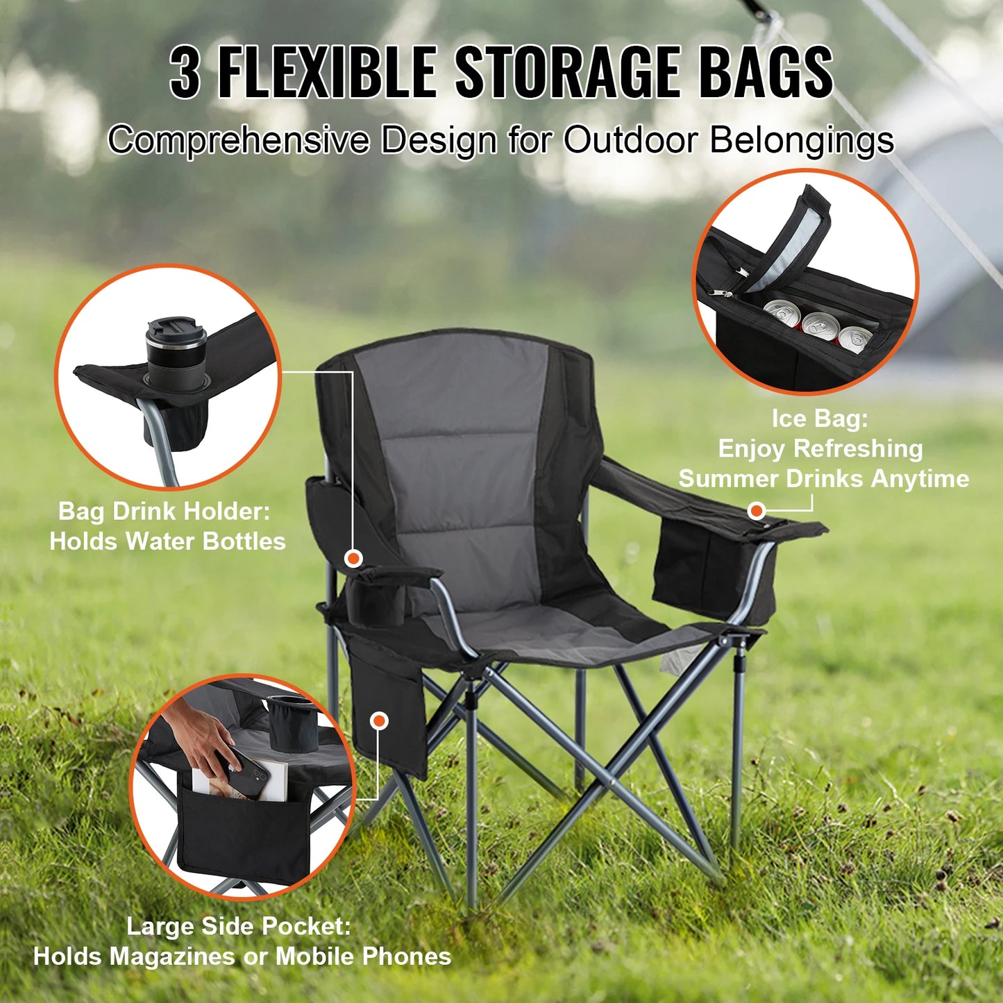 VEVOR Camping Folding Chair with Lumbar Back Support and Pockets