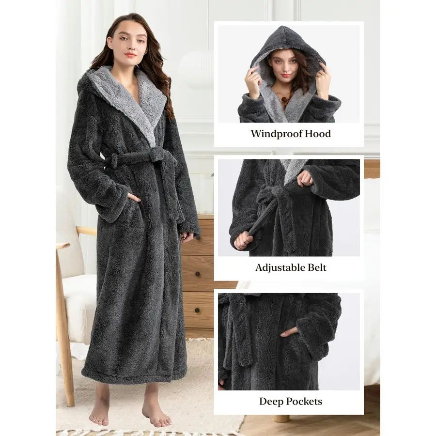 Womens Hooded Bathrobe In Soft Plush Fleece Warm And Cozy