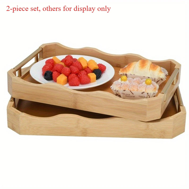 Bamboo Serving Tray Set Of 2 With Handles Wave Edge