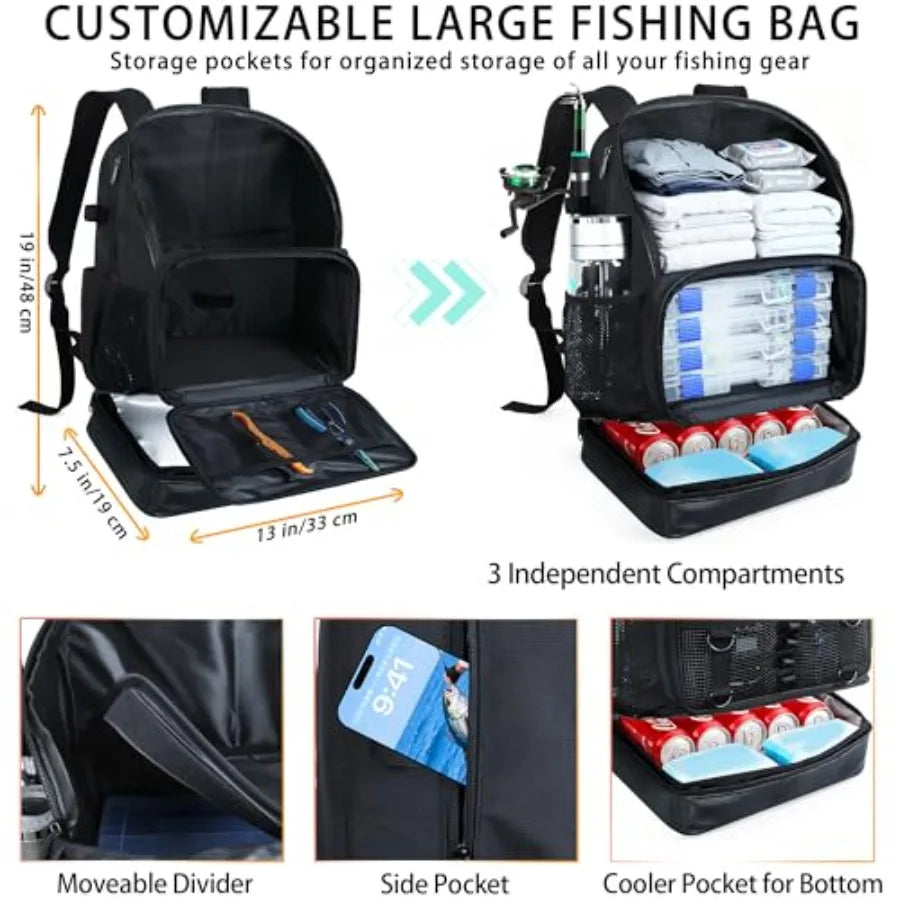 Fishing Backpack With Tackle Boxes Rod Holder Waterproof Cooler